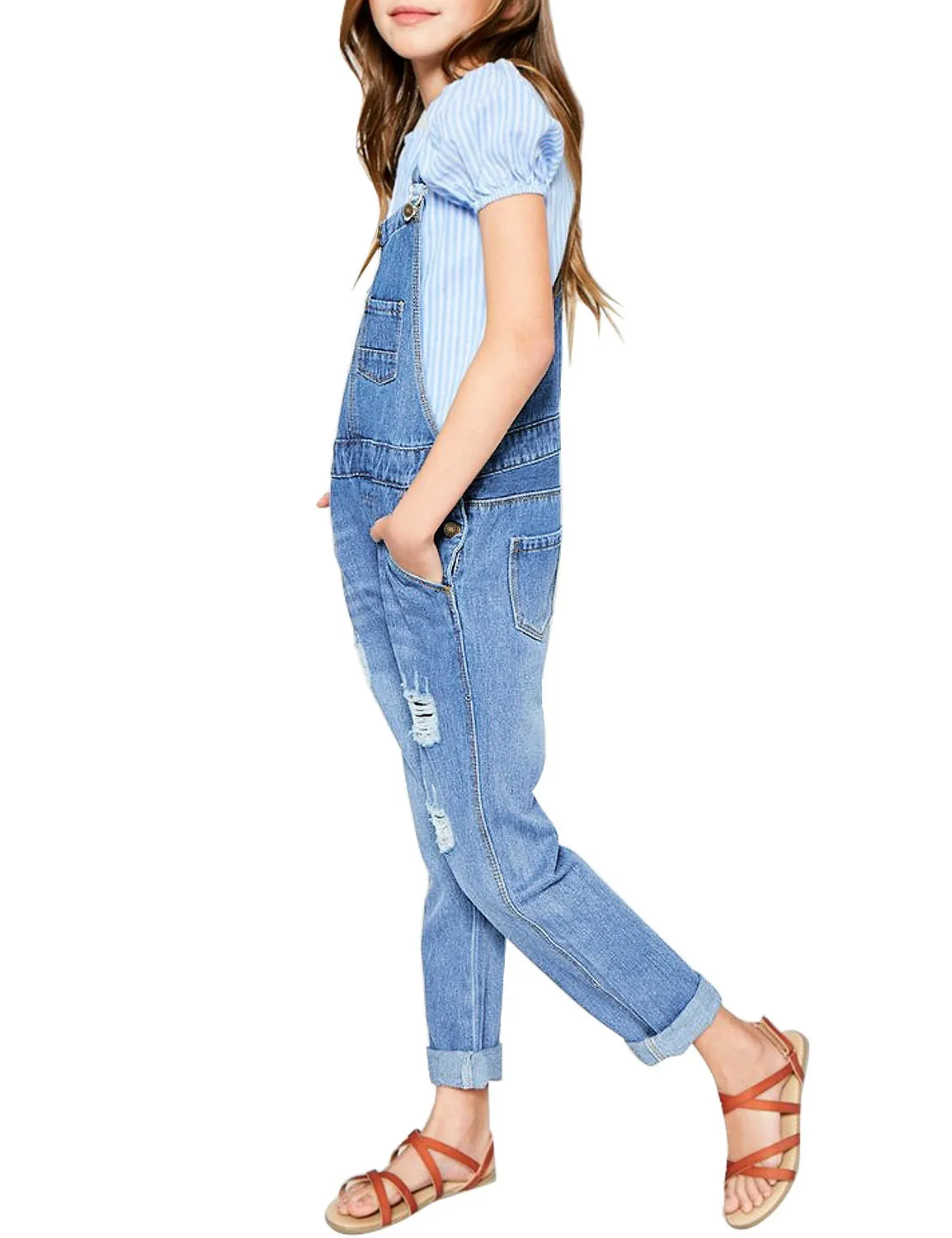 Light Blue Cuffed Hem Distressed Girls' Denim Jeans Overall