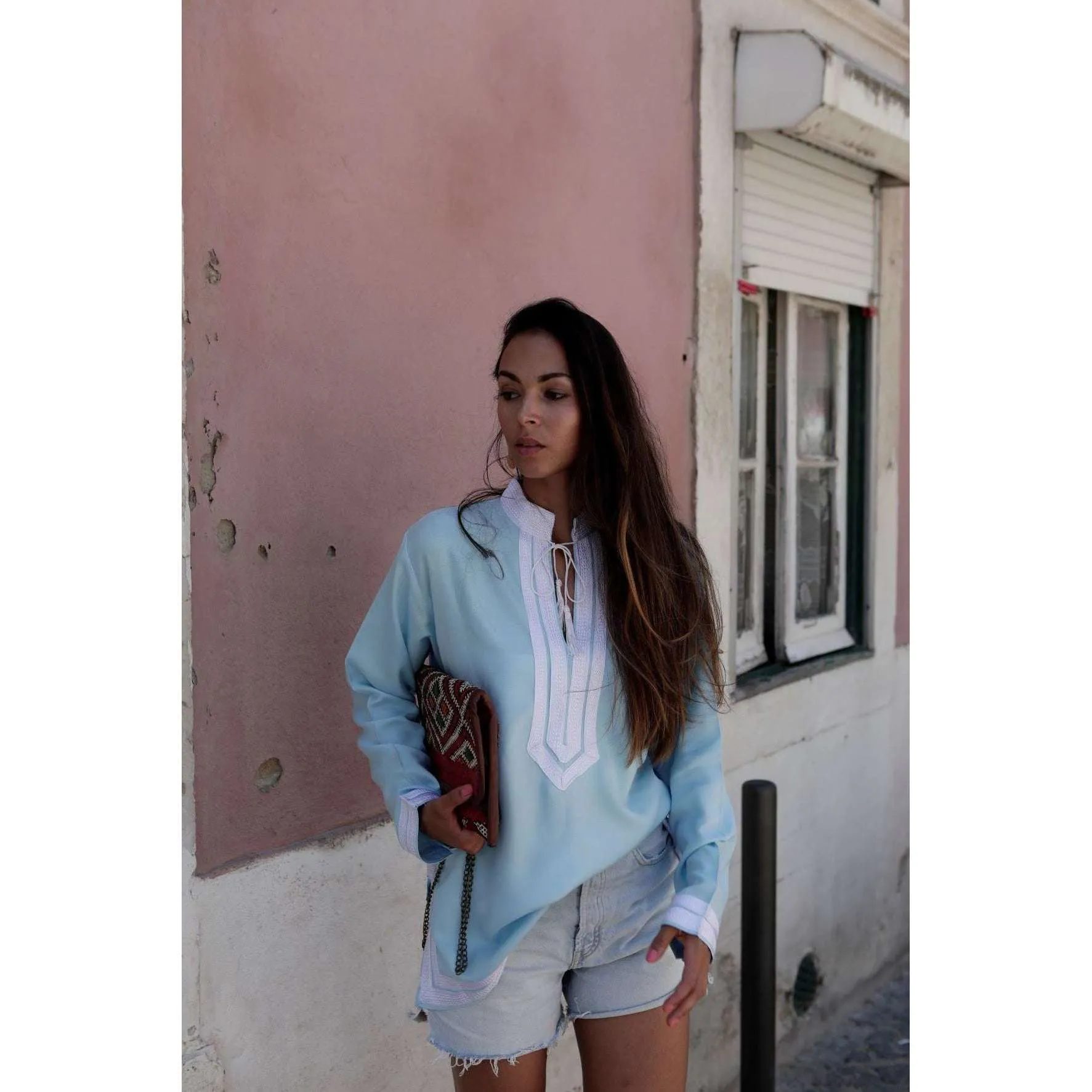 Light Blue Mariam Moroccan Tunic Shirt- Resortwear, Loungewear, Holidaywear, bohemian style tunic