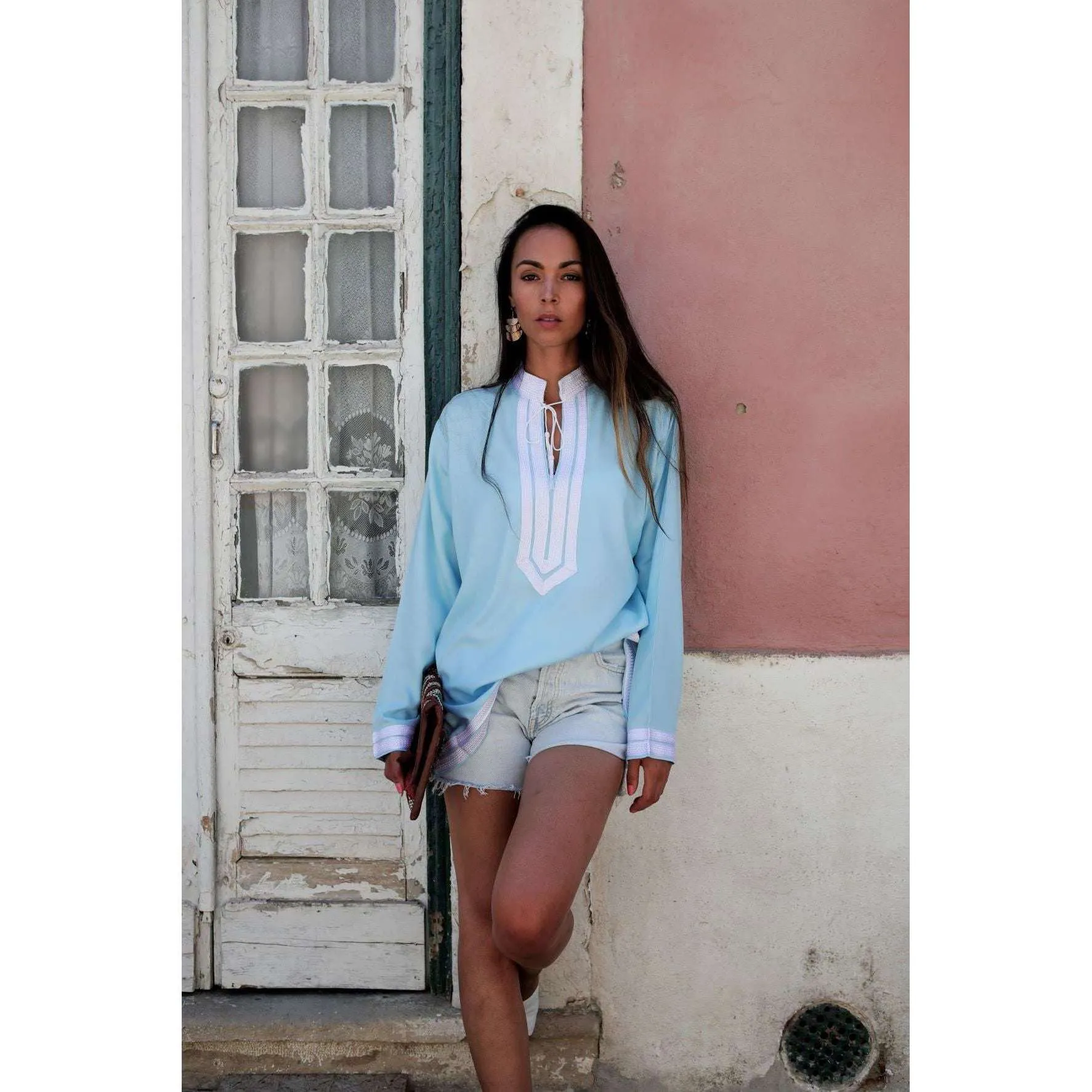 Light Blue Mariam Moroccan Tunic Shirt- Resortwear, Loungewear, Holidaywear, bohemian style tunic