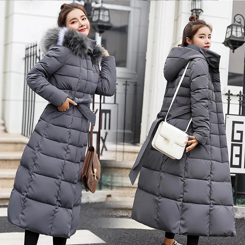 Long Parkas Korean Style Quilted Jacket For Winter Thicken Warm Long Hooded Clothes