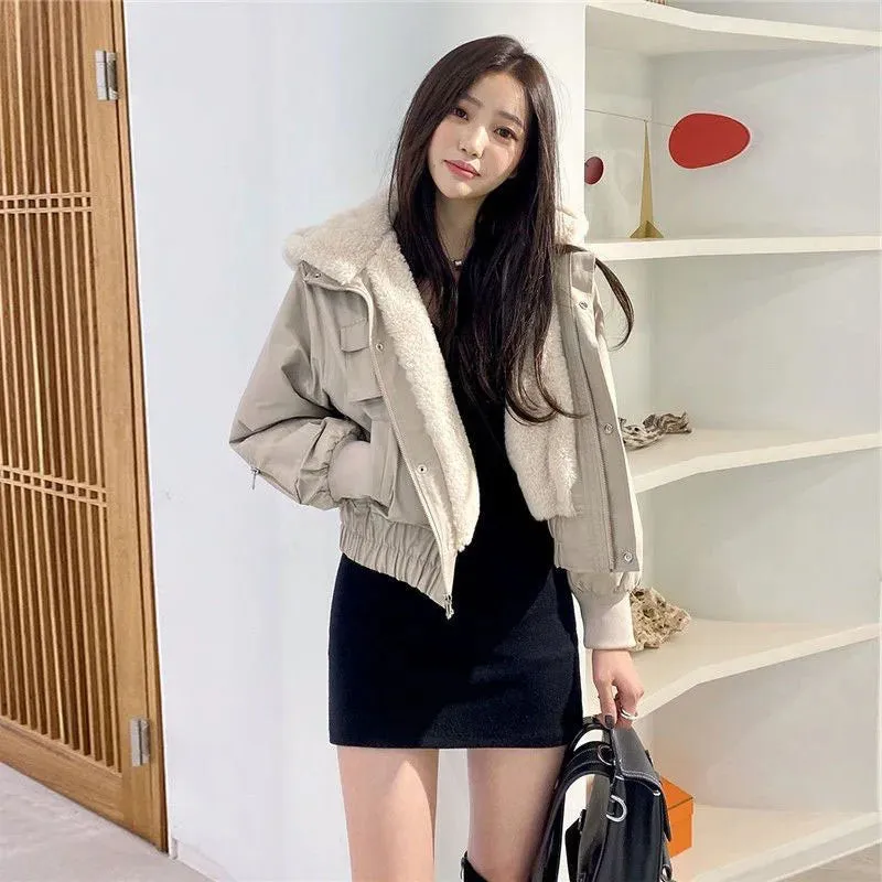 Lucyever Women's Fleece Winter Jackets Korean Loose Long Sleeve Hooded Short Parkas Coat Female 2023 New Chic Warm Plush Outwear