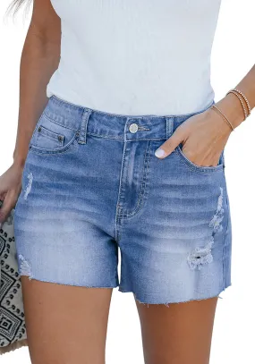 Medium Blue Women's High Waisted Distressed Denim Jeans Shorts Ripped Raw Hem Jean Shorts