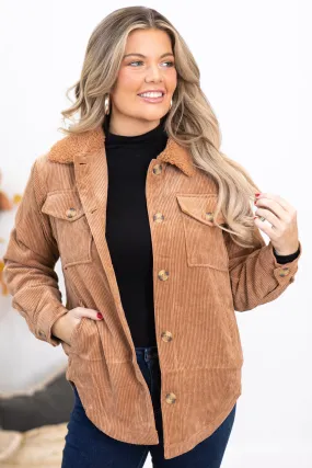 Mocha Corduroy Jacket With Sherpa Collar