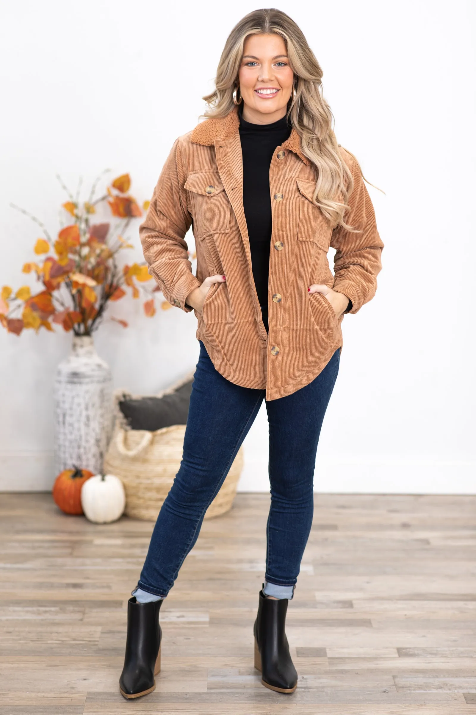 Mocha Corduroy Jacket With Sherpa Collar