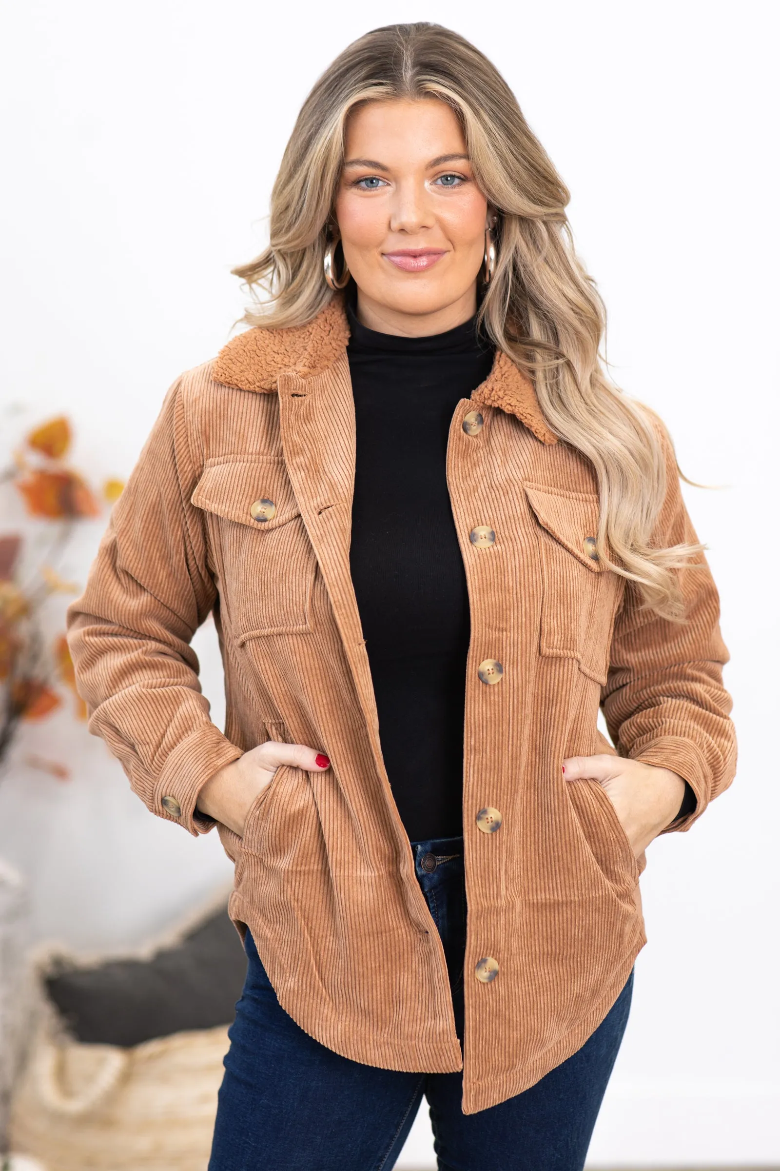 Mocha Corduroy Jacket With Sherpa Collar