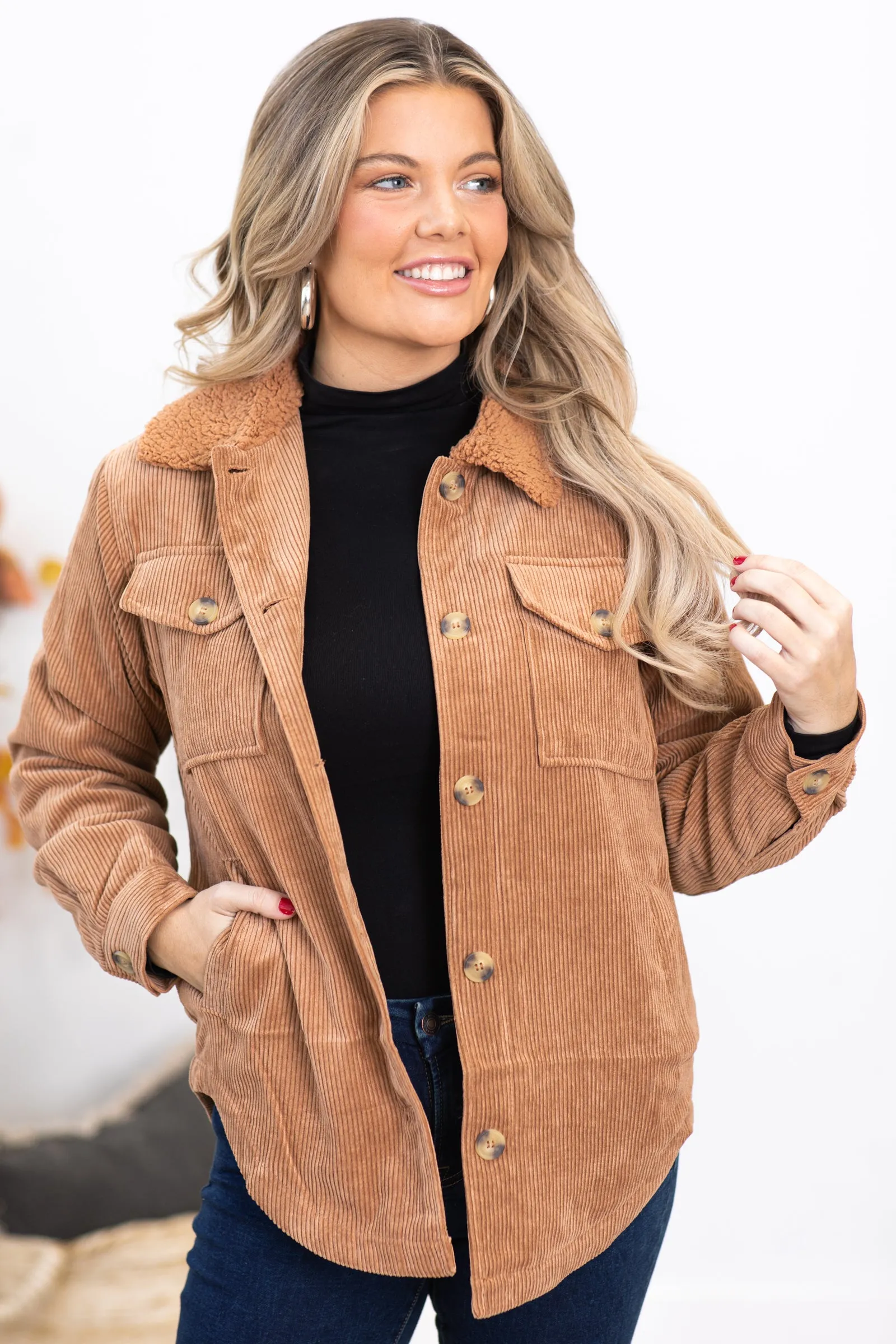 Mocha Corduroy Jacket With Sherpa Collar