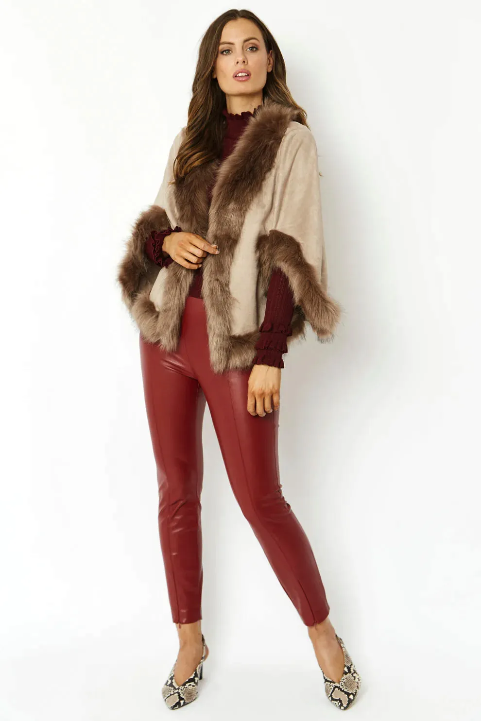 Mocha Faux Fur Suede Cape Jacket