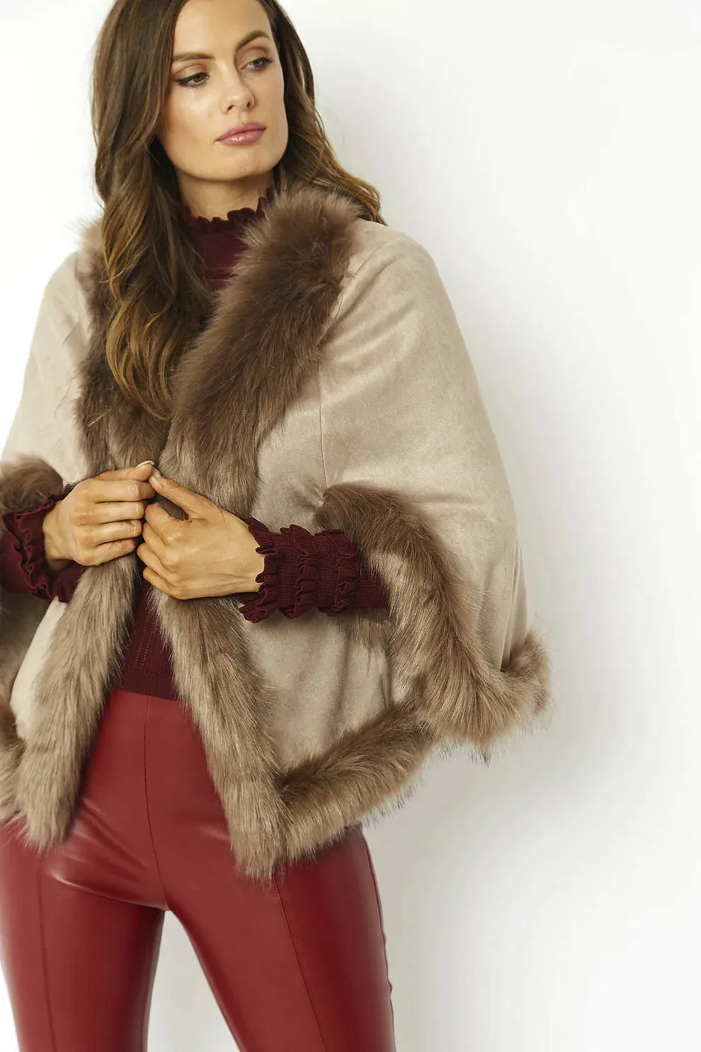 Mocha Faux Fur Suede Cape Jacket