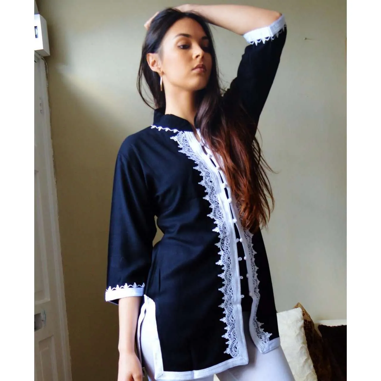 Navy Blue and White Moroccan Tunic