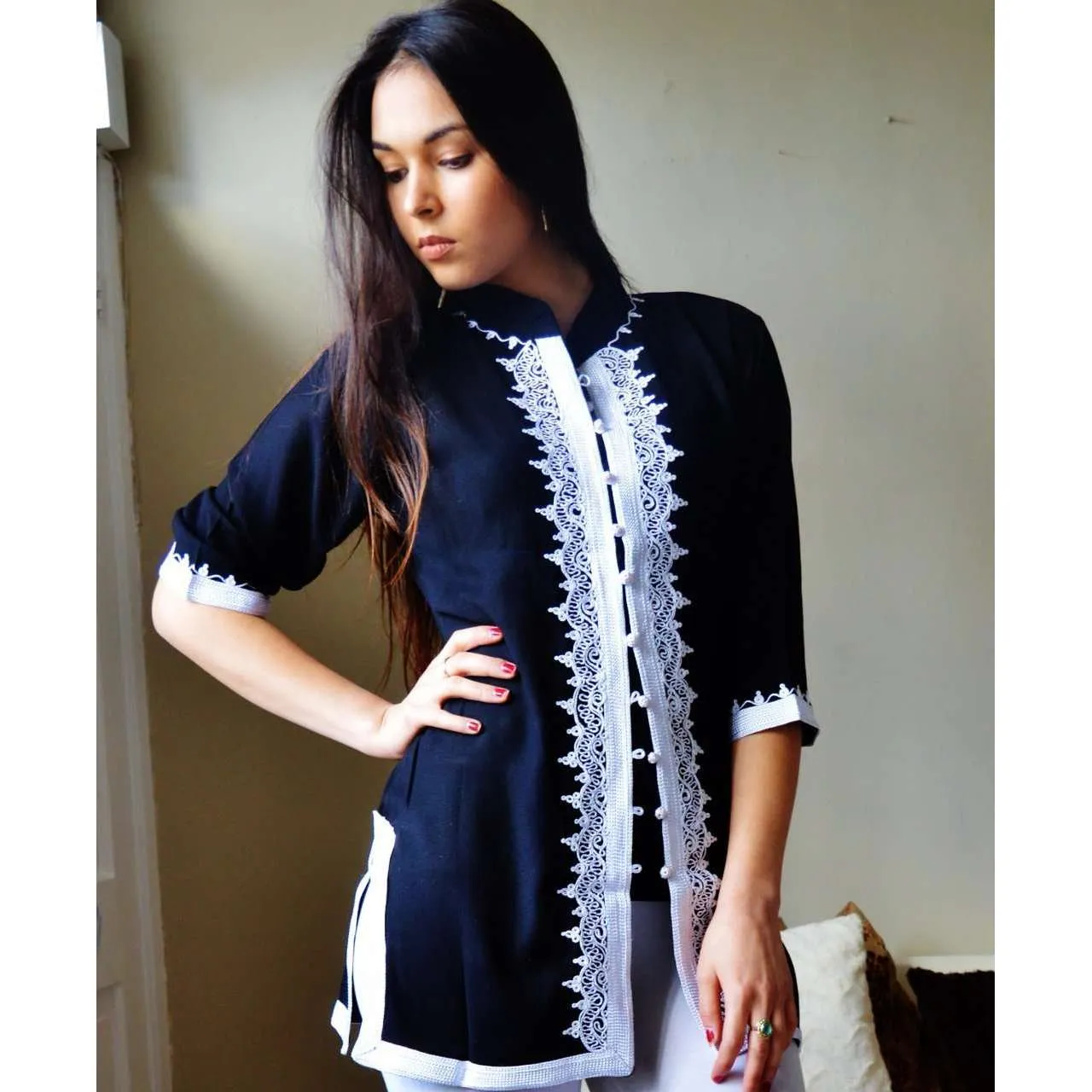 Navy Blue and White Moroccan Tunic