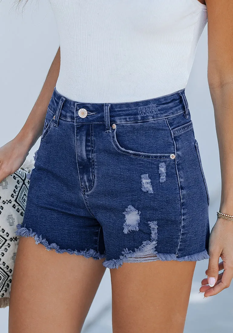 Nightfall Blue Women's High Waisted Denim Distressed Jeans Shorts Frayed Raw Hem Ripped Shorts