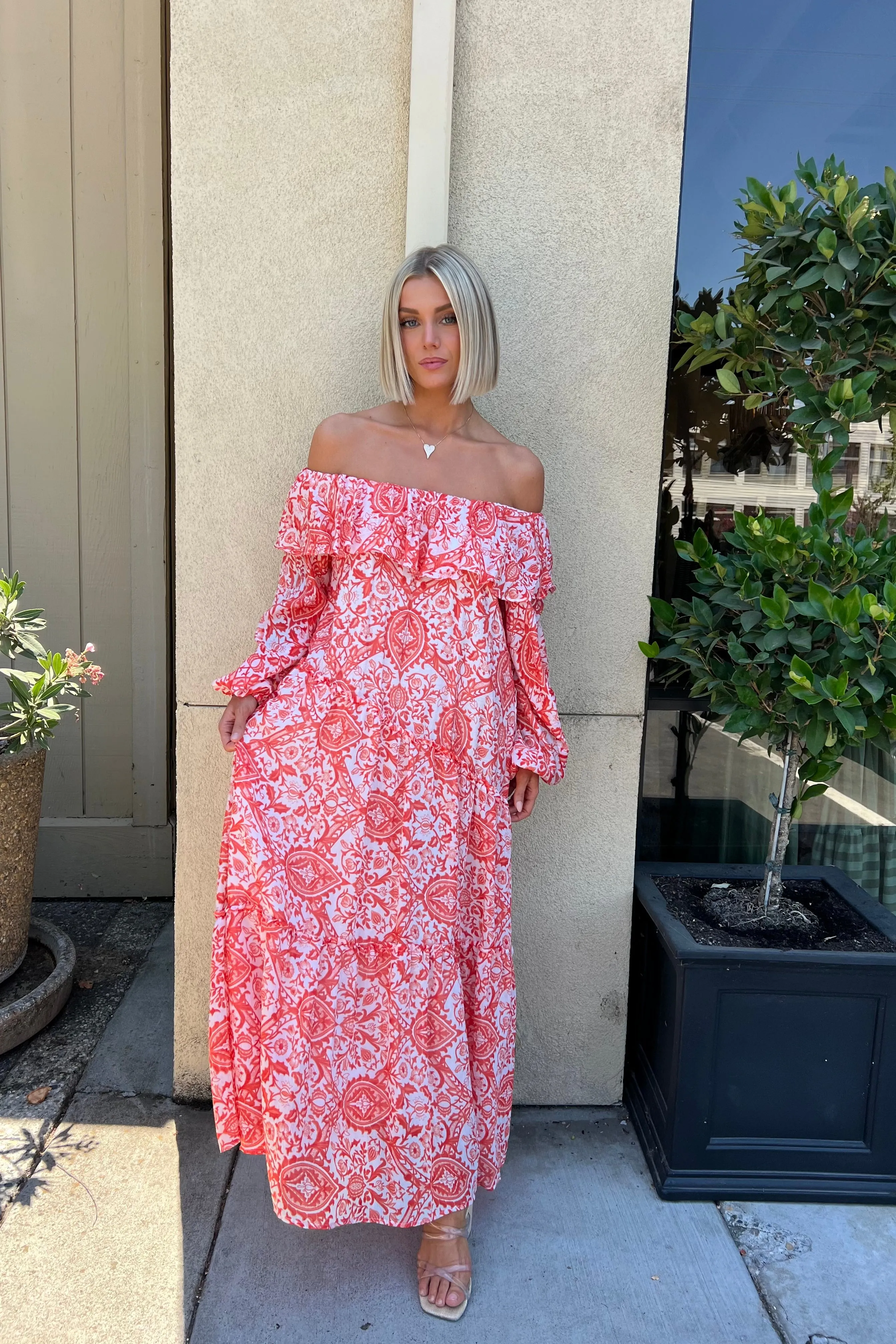 OLINA SUNSET PRINTED OFF SHOULDER DRESS