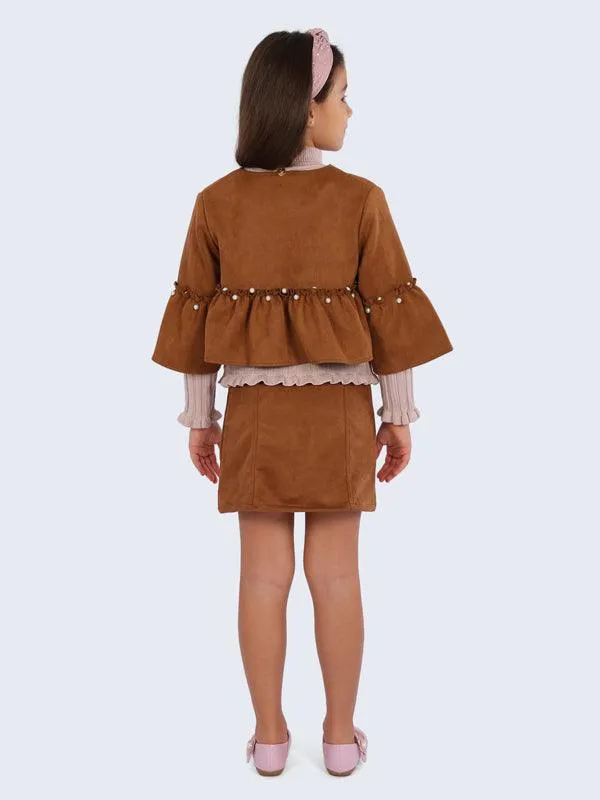 One Friday Brown Pearl Studded Suede Skirt