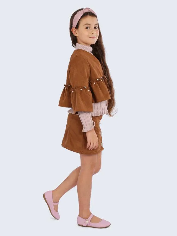 One Friday Brown Pearl Studded Suede Skirt