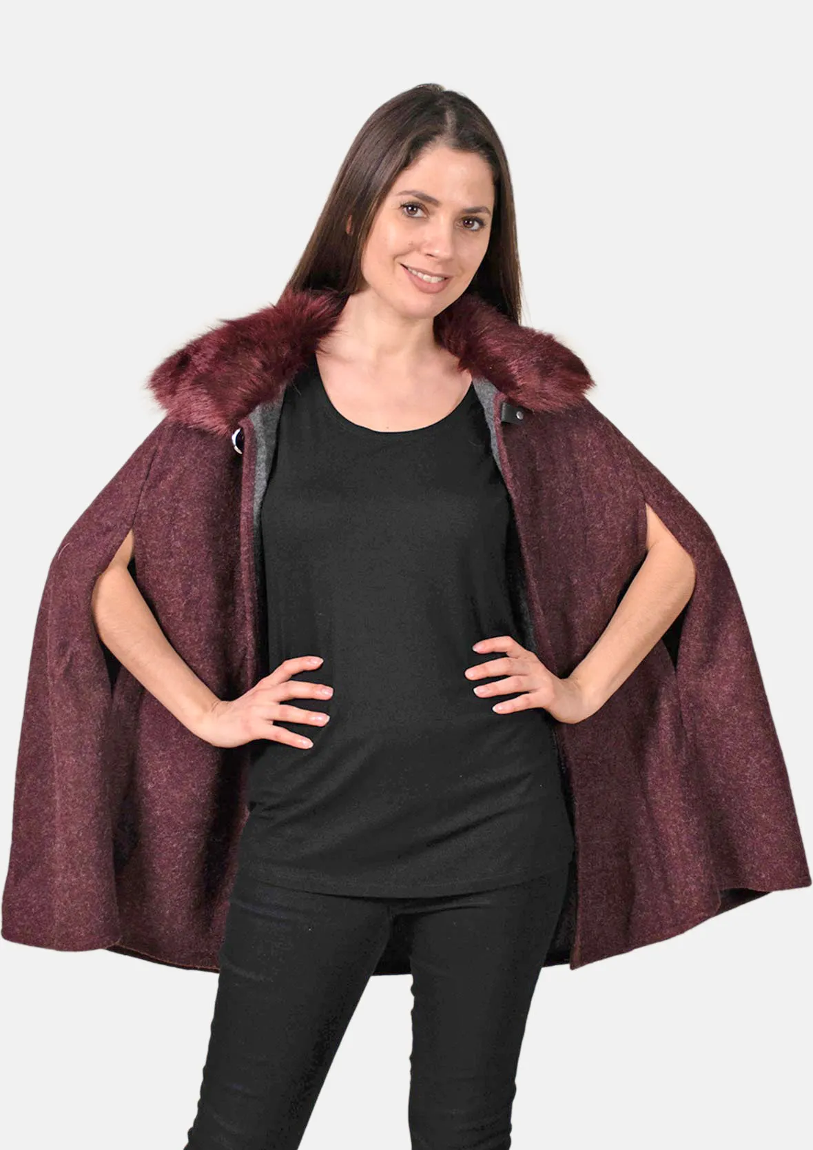 Open Front Faux Fur Collar Cape