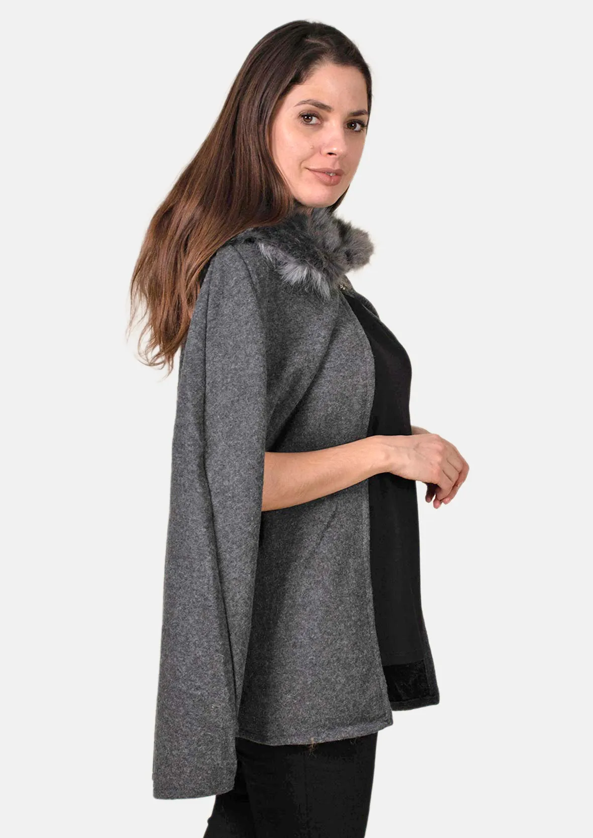 Open Front Faux Fur Collar Cape