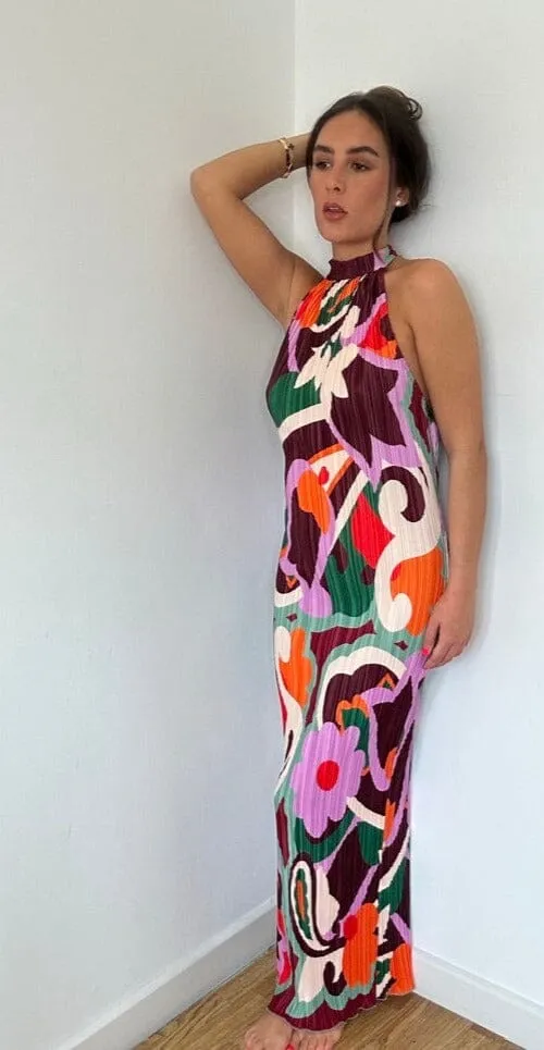 Plisse Retro Print Maxi Dress