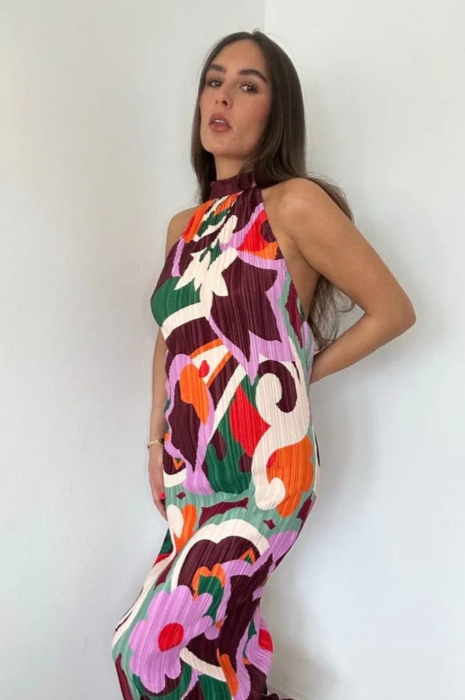 Plisse Retro Print Maxi Dress