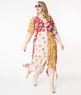 Plus Size Multicolor Floral Colorblock Handkerchief Dress