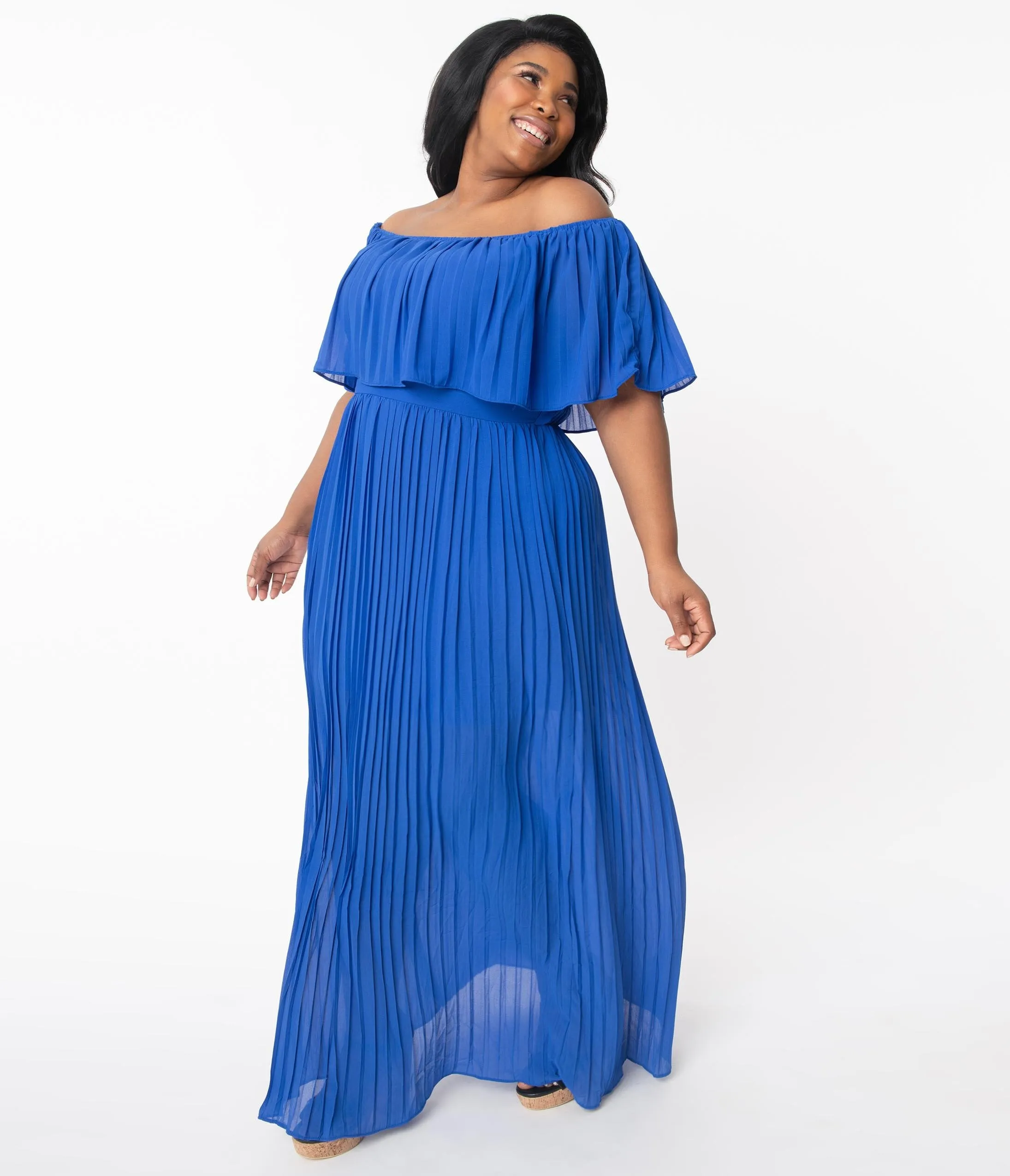 Plus Size Royal Blue Off Shoulder Pleated Maxi Dress