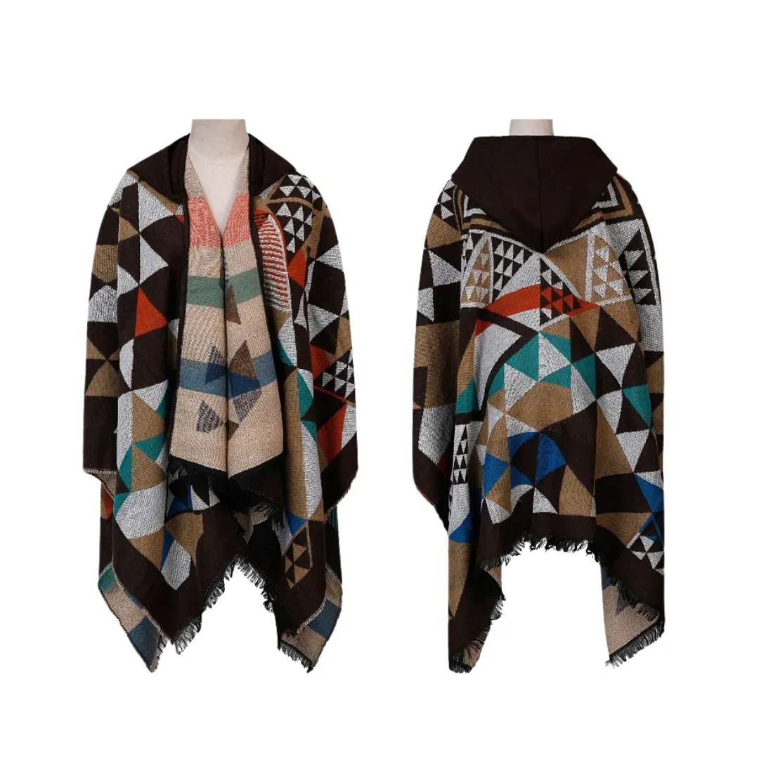 Pre Order:  Hooded Cape Plaid Knitted Shawl Scarf