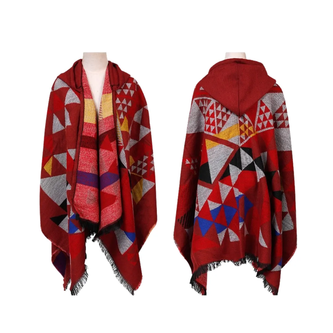 Pre Order:  Hooded Cape Plaid Knitted Shawl Scarf