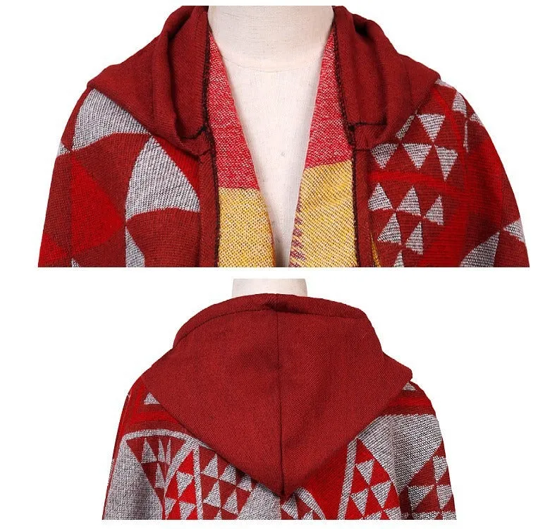 Pre Order:  Hooded Cape Plaid Knitted Shawl Scarf