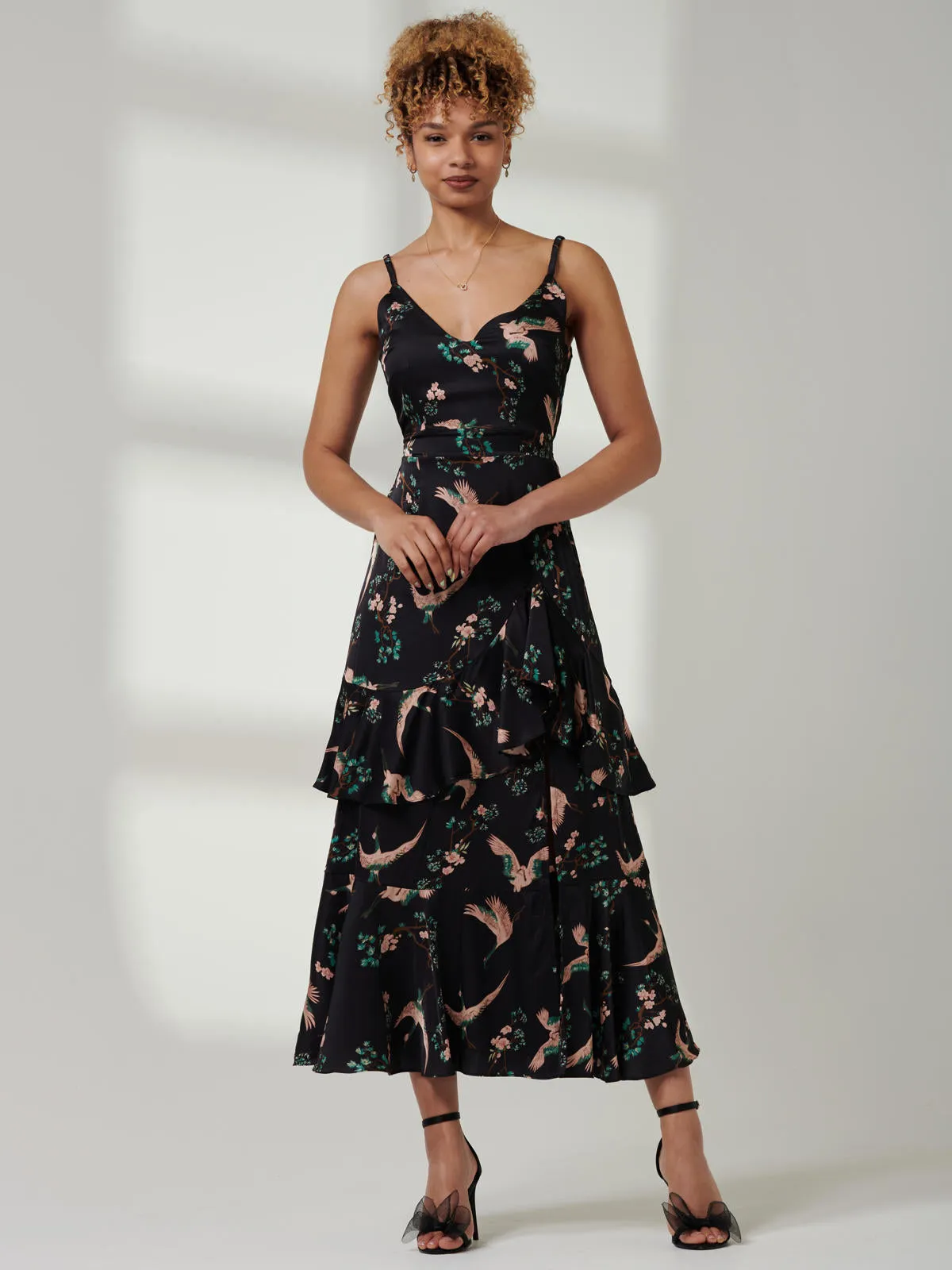 Retro Bird Print Satin Maxi Dress, Black Bird