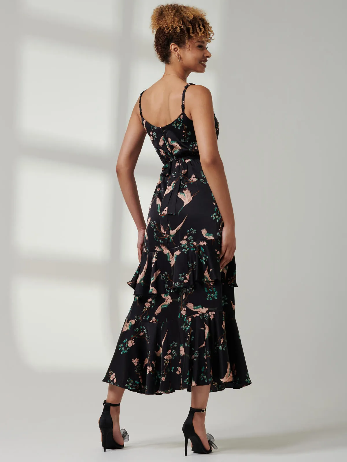 Retro Bird Print Satin Maxi Dress, Black Bird