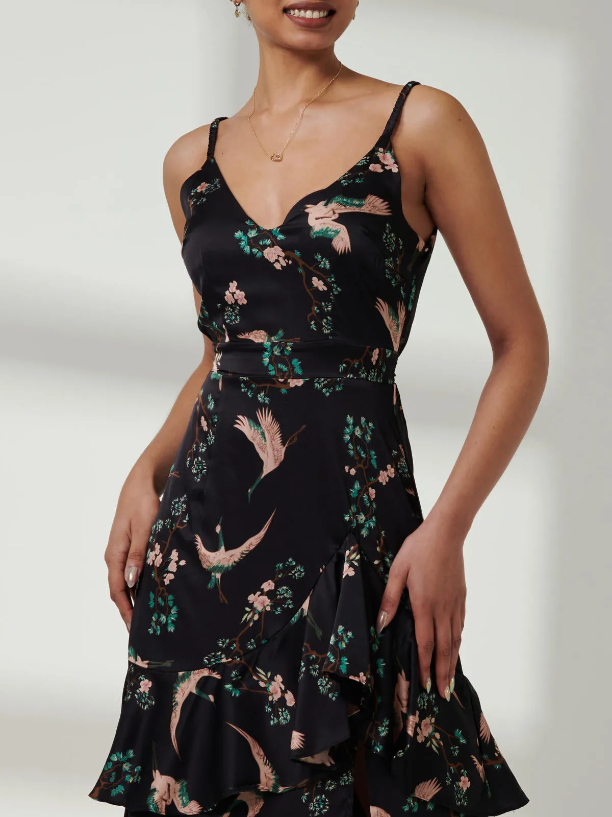 Retro Bird Print Satin Maxi Dress, Black Bird