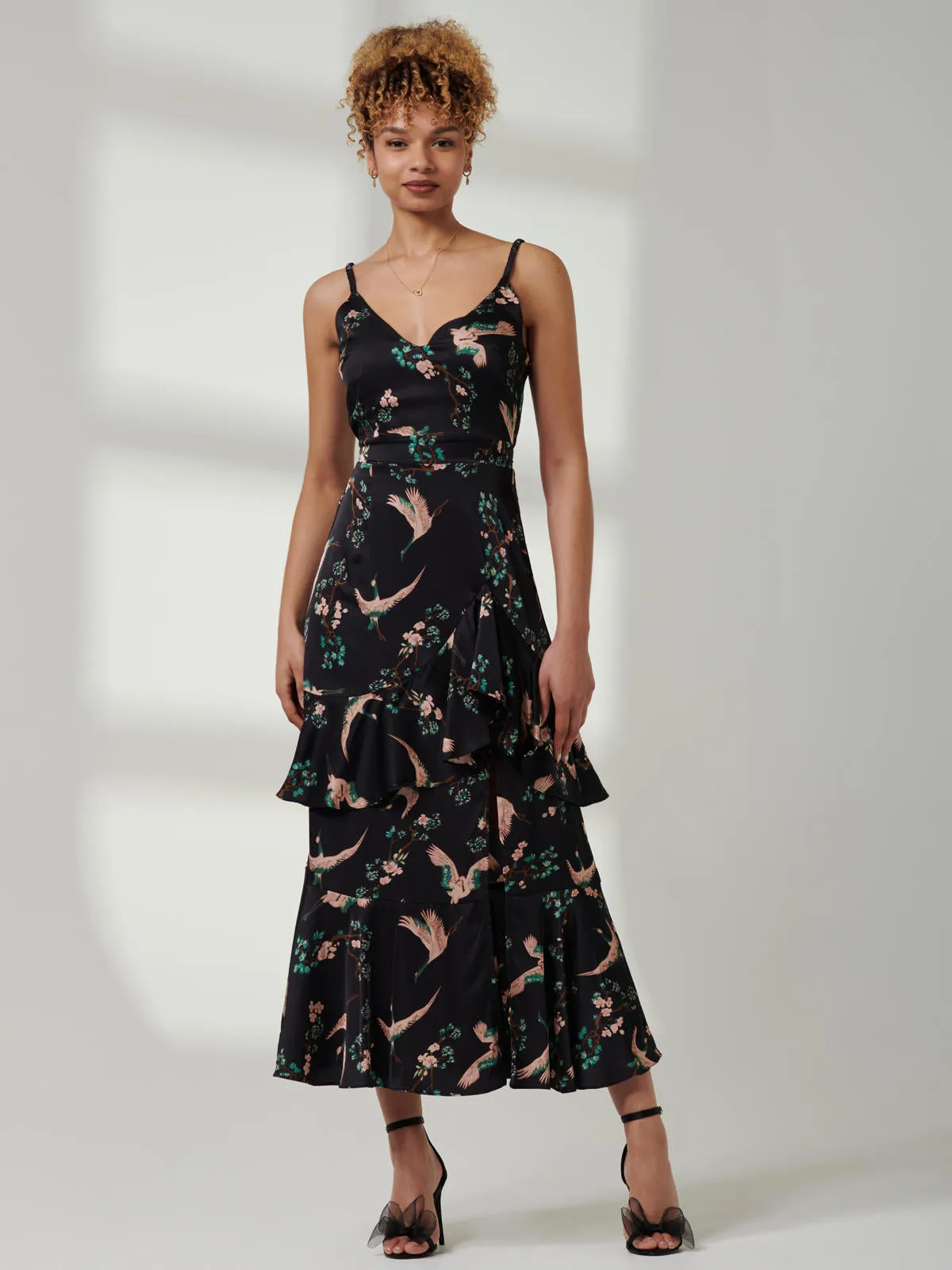 Retro Bird Print Satin Maxi Dress, Black Bird