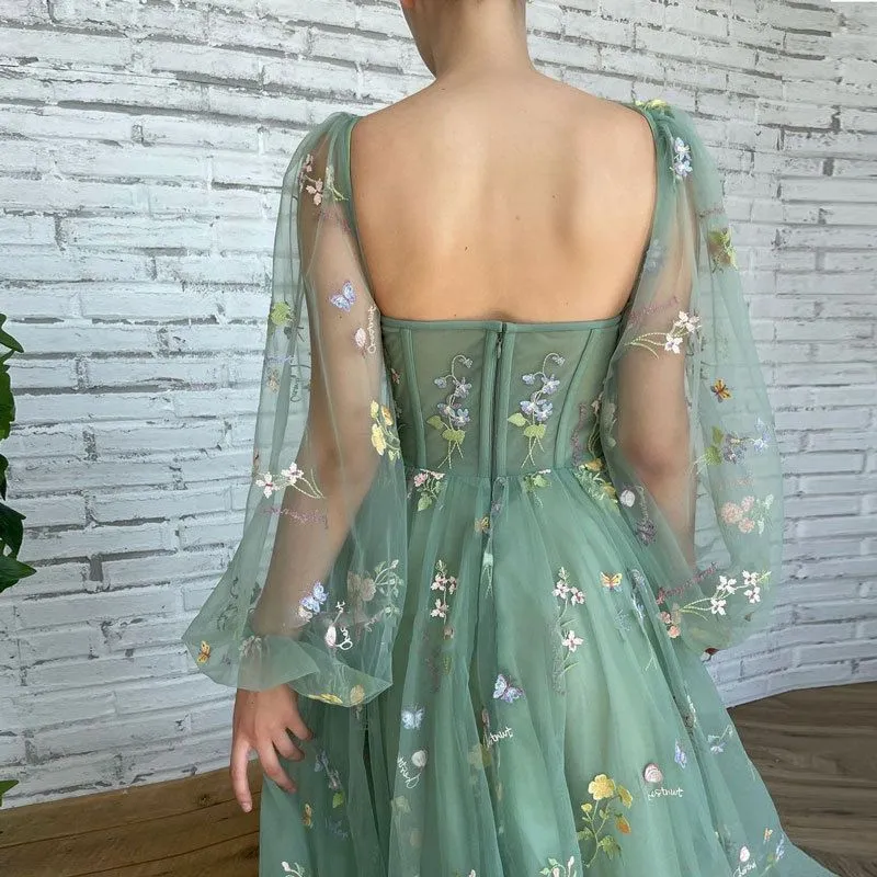 Retro Floral Flower Embroidered Maxi Prom Tulle Formal Gown Dress