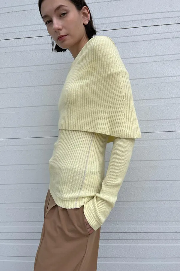 Ribbed Cape Sweater in Pale Yellow