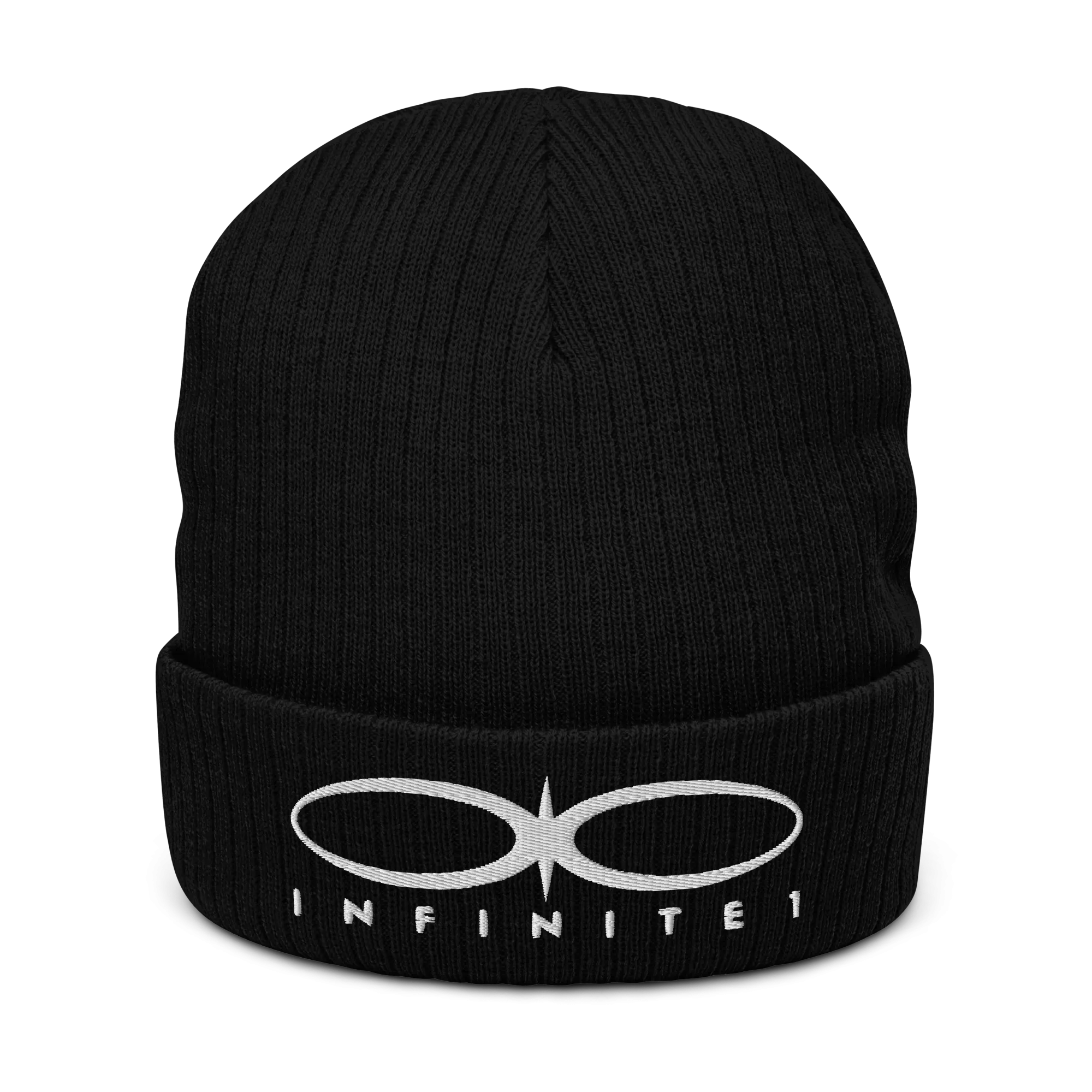 Ribbed Logo Over Text Black Knit Beanie