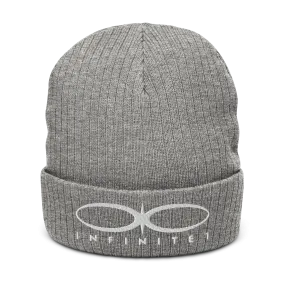 Ribbed Logo Over Text Light Grey Knit Beanie