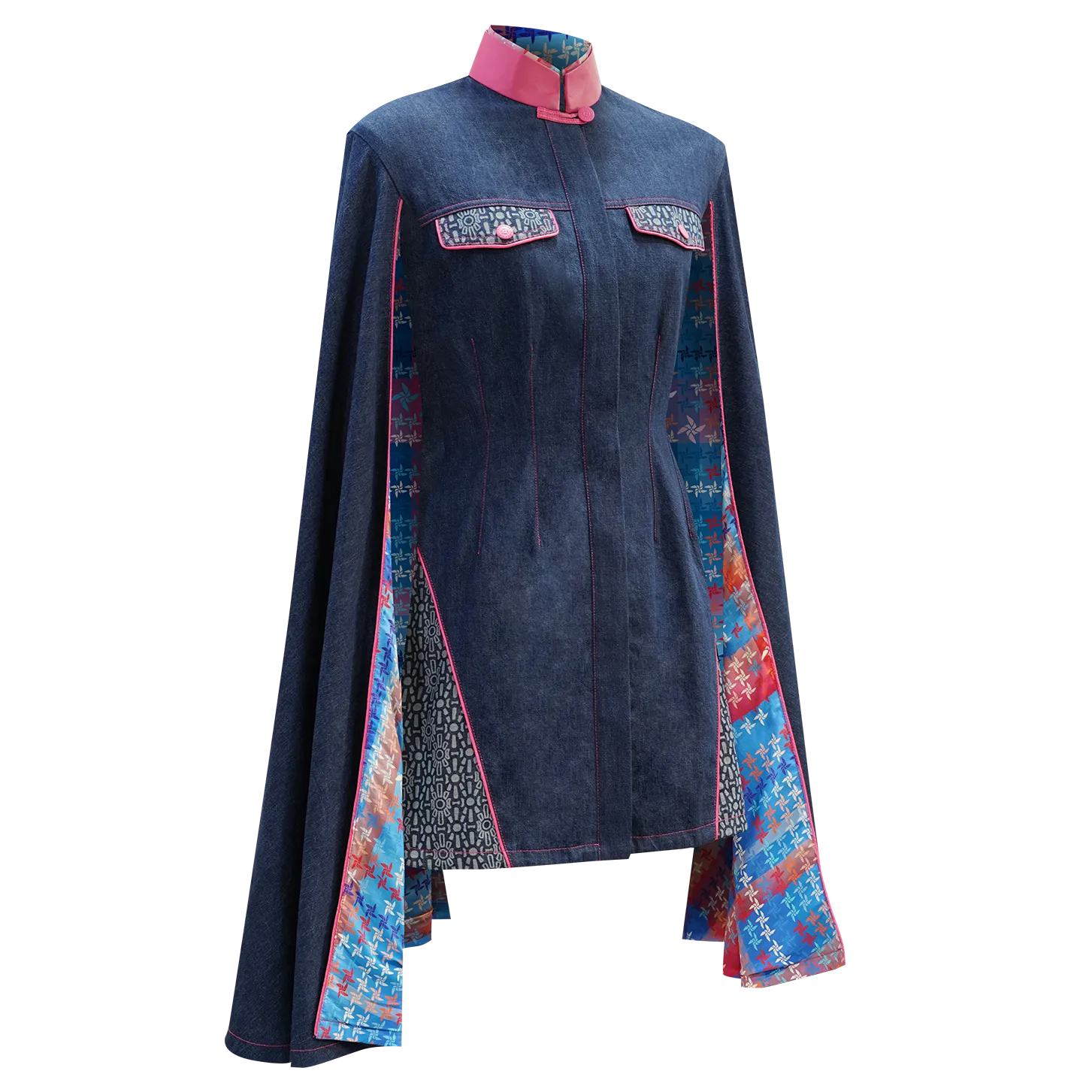 SPARKLE BY KAREN CHAN x  HK Heritage Museum【FRUITFUL HARMONY】 Eco-Denim Cape Cheongsam (Long Sleeve) (幸運風車)  (風調雨順)