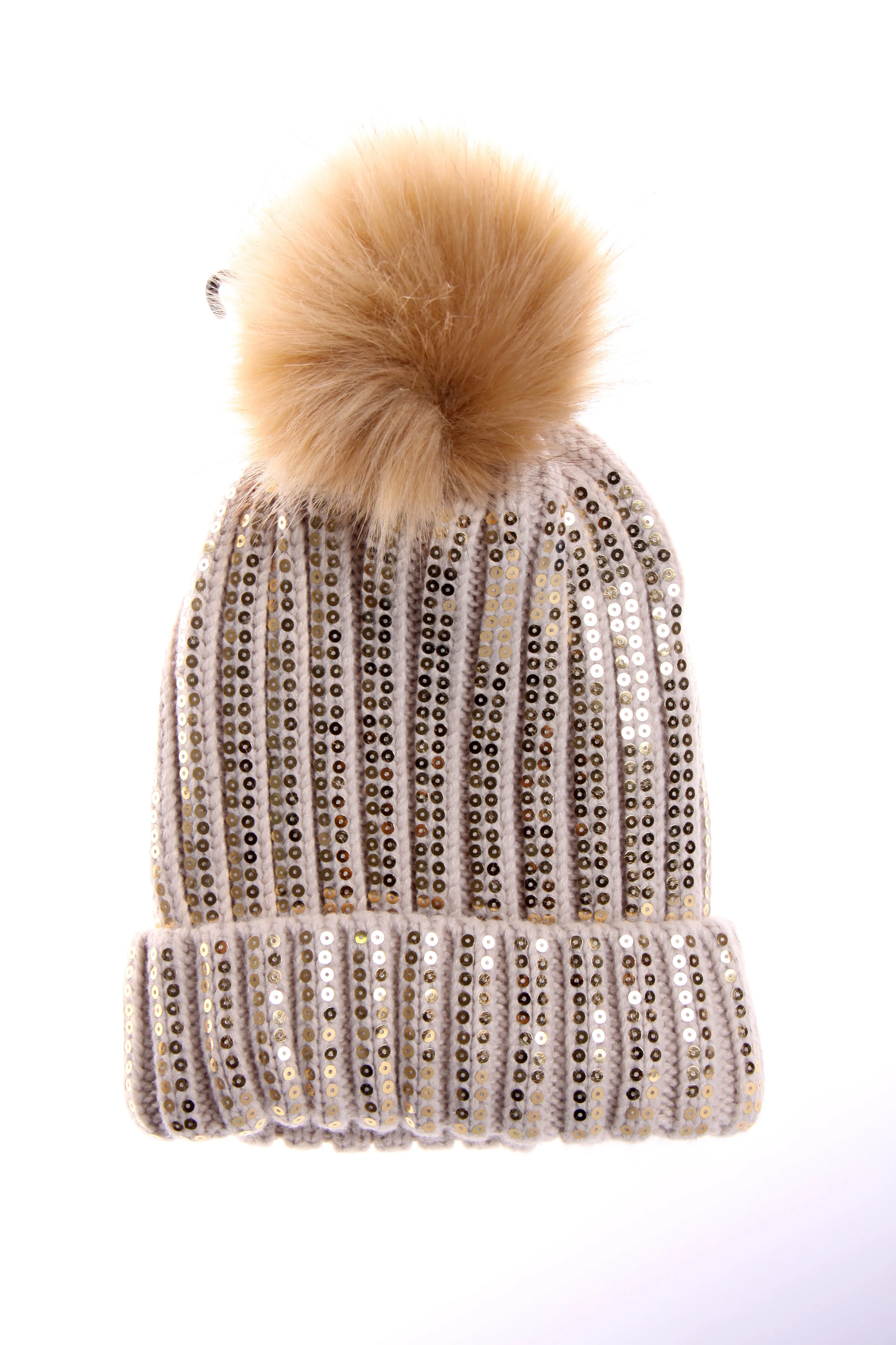 Sparkly Sequins FAUX Fur Bobble Pom Pom Beanie Hat