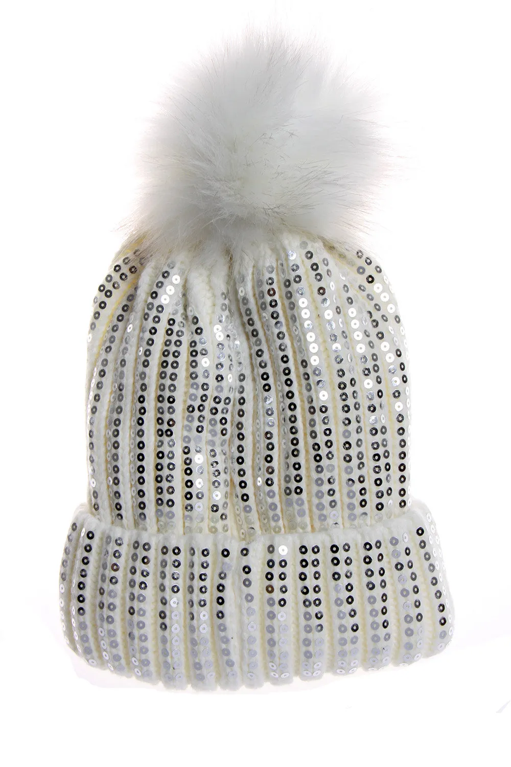 Sparkly Sequins FAUX Fur Bobble Pom Pom Beanie Hat