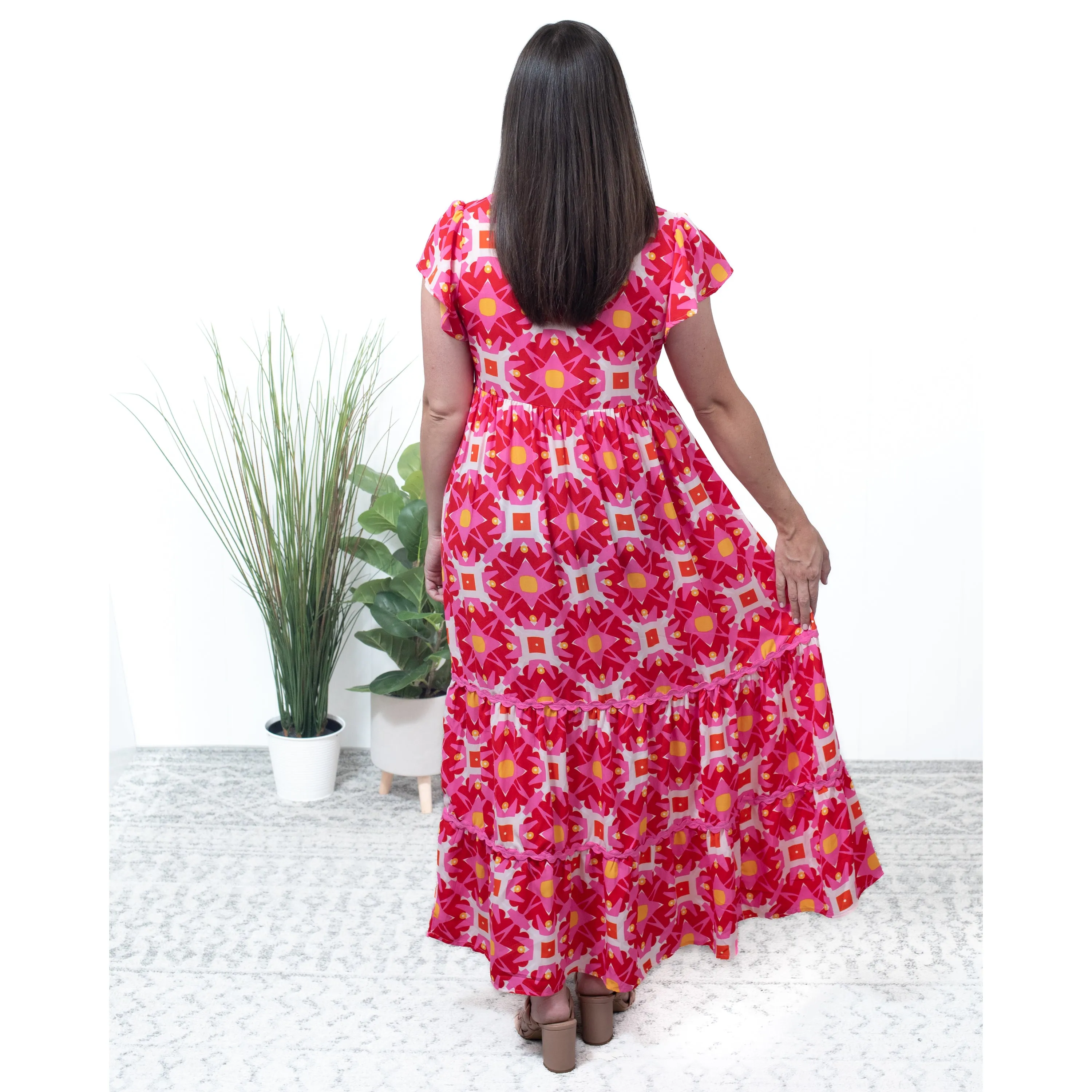 Take Me Back - Pink Abstract Pleated Flounce Sleeve Maxi Dress