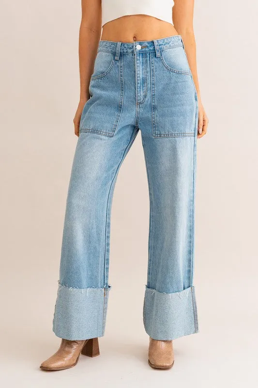 TEEK - Light Denim High-Waisted Wide Leg Cuffed Jeans