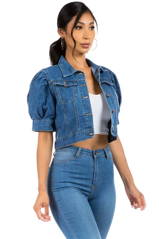 TEEK - NAVY DENIM CROPPED PUFF SLEEVE JACKET