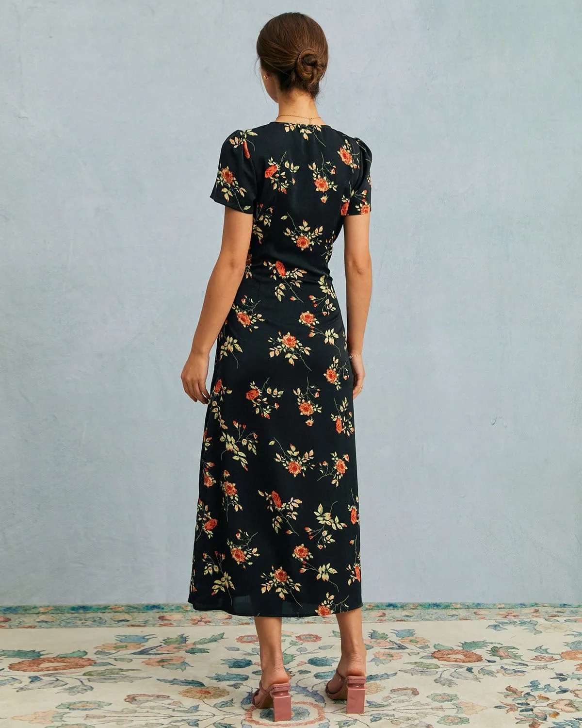 The Black V Neck Floral Short Sleeve Maxi Dress