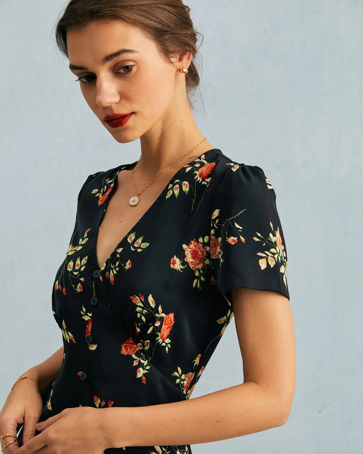 The Black V Neck Floral Short Sleeve Maxi Dress