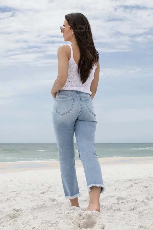 The Madison from Lovervet: High-Rise Frayed Hem Crop Straight Leg Denim