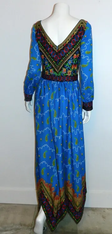 vintage 1970s gown / blue PAISLEY maxi dress / handkerchief hem XS - S