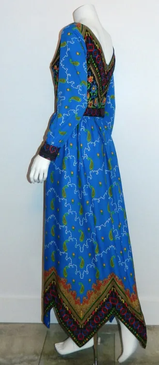 vintage 1970s gown / blue PAISLEY maxi dress / handkerchief hem XS - S