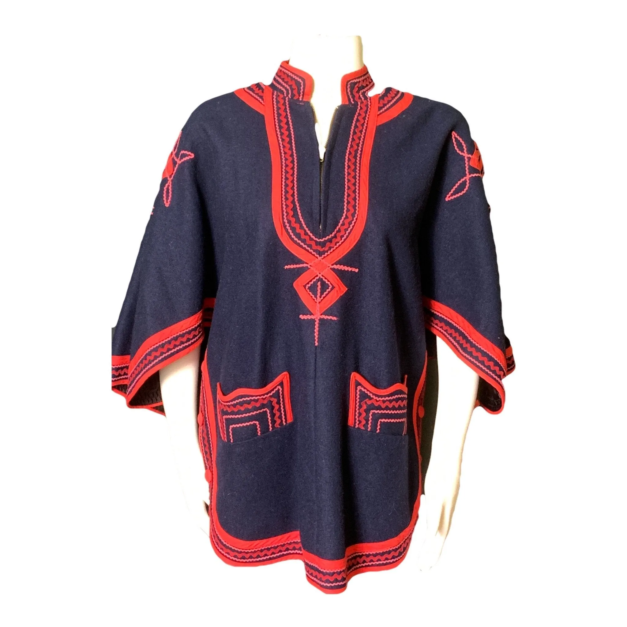 Vintage Blue Poncho Cape in Wool with a Red Accent from Guatemala. 1960s Stylish Sustainable.