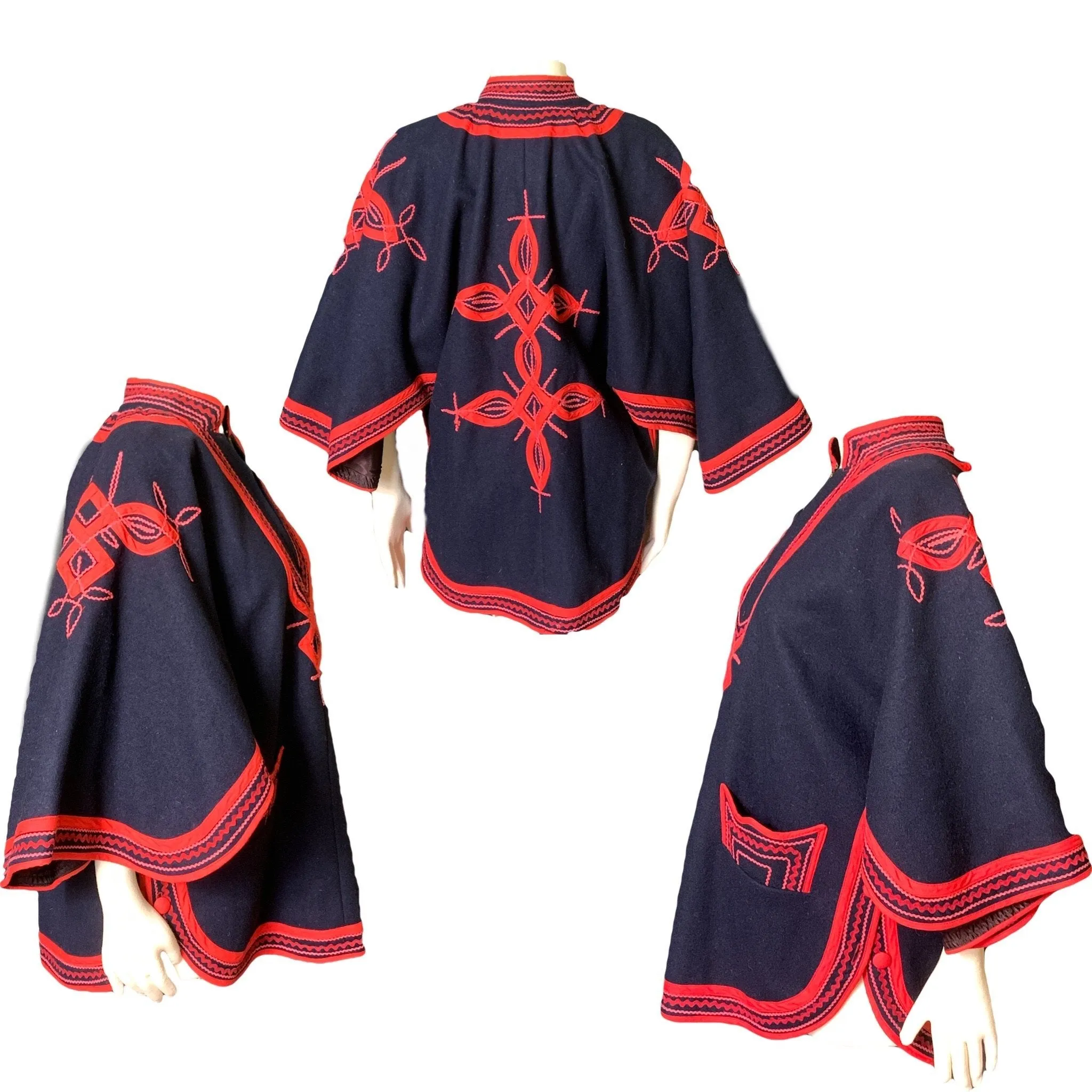 Vintage Blue Poncho Cape in Wool with a Red Accent from Guatemala. 1960s Stylish Sustainable.