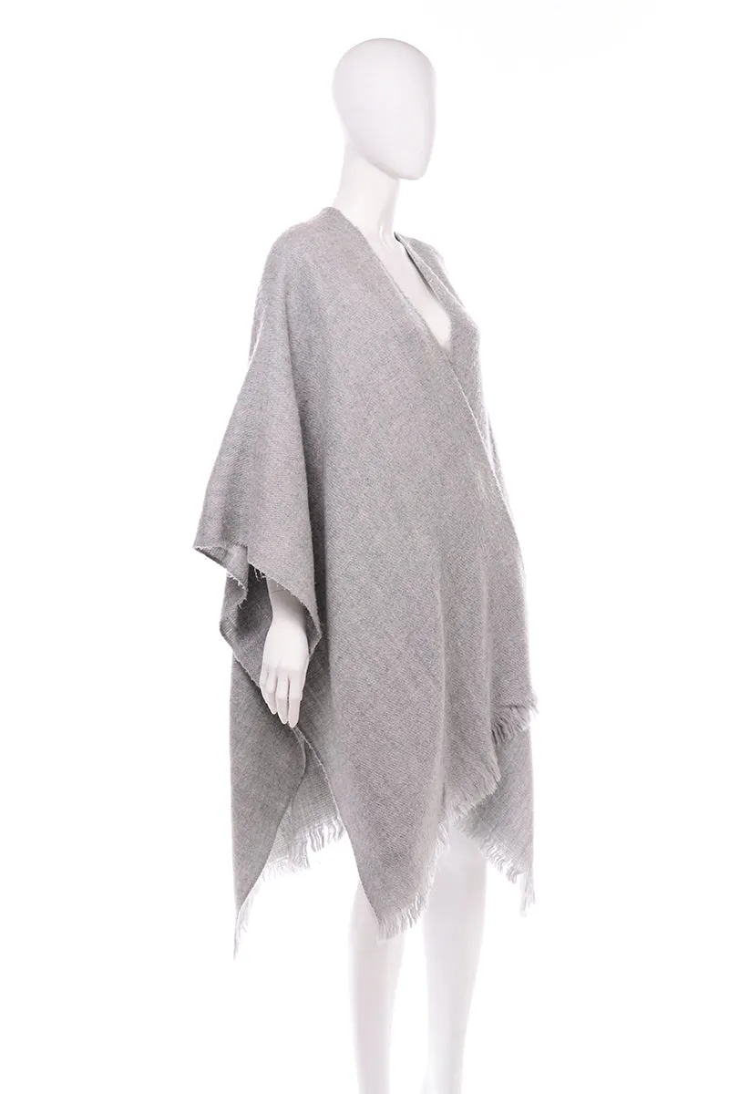 Vintage Gray Poncho Cape Style Lightweight Wool Wrap With Fringe