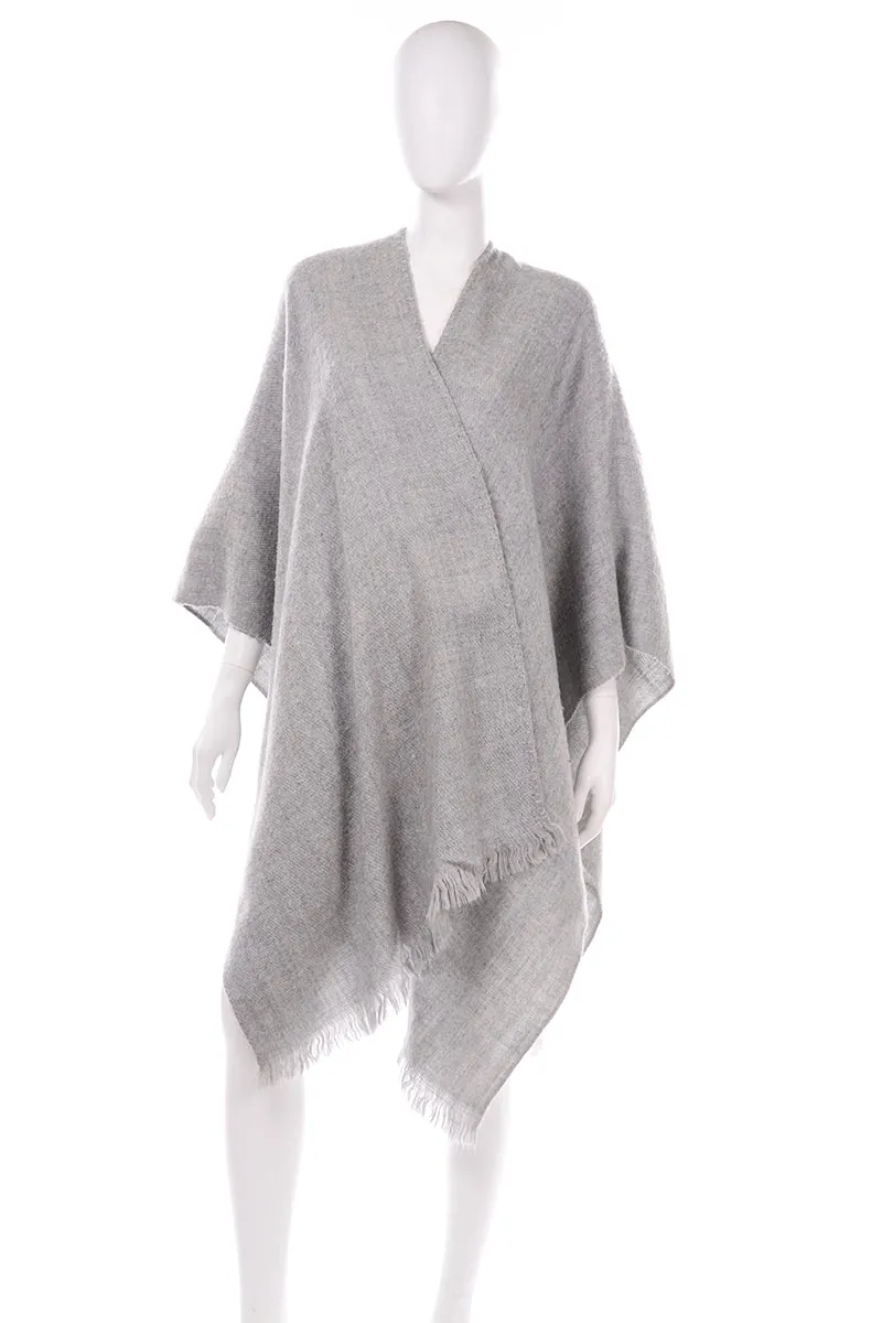 Vintage Gray Poncho Cape Style Lightweight Wool Wrap With Fringe